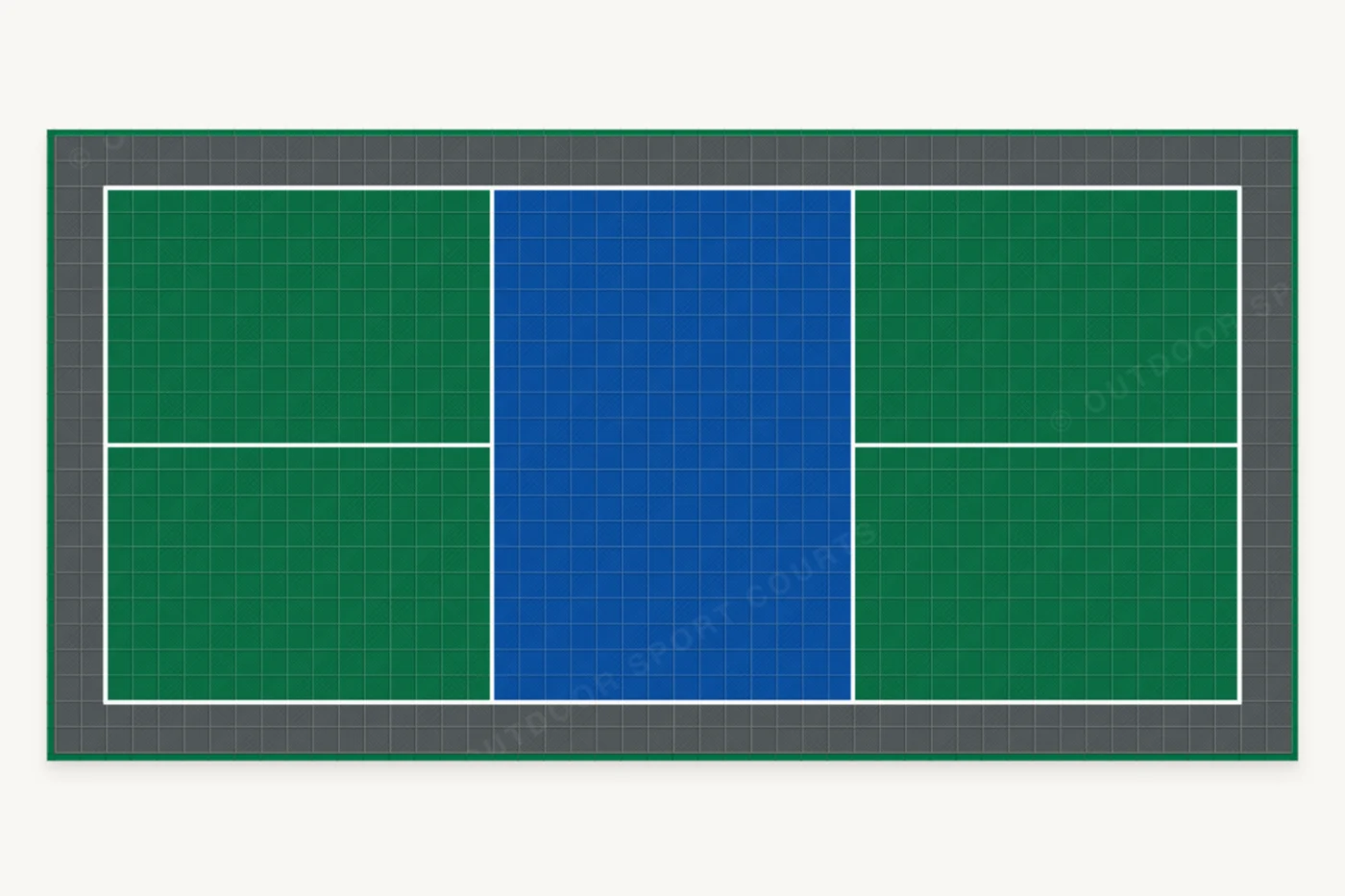 Dimensioned plan of the pickleball court with run-off border