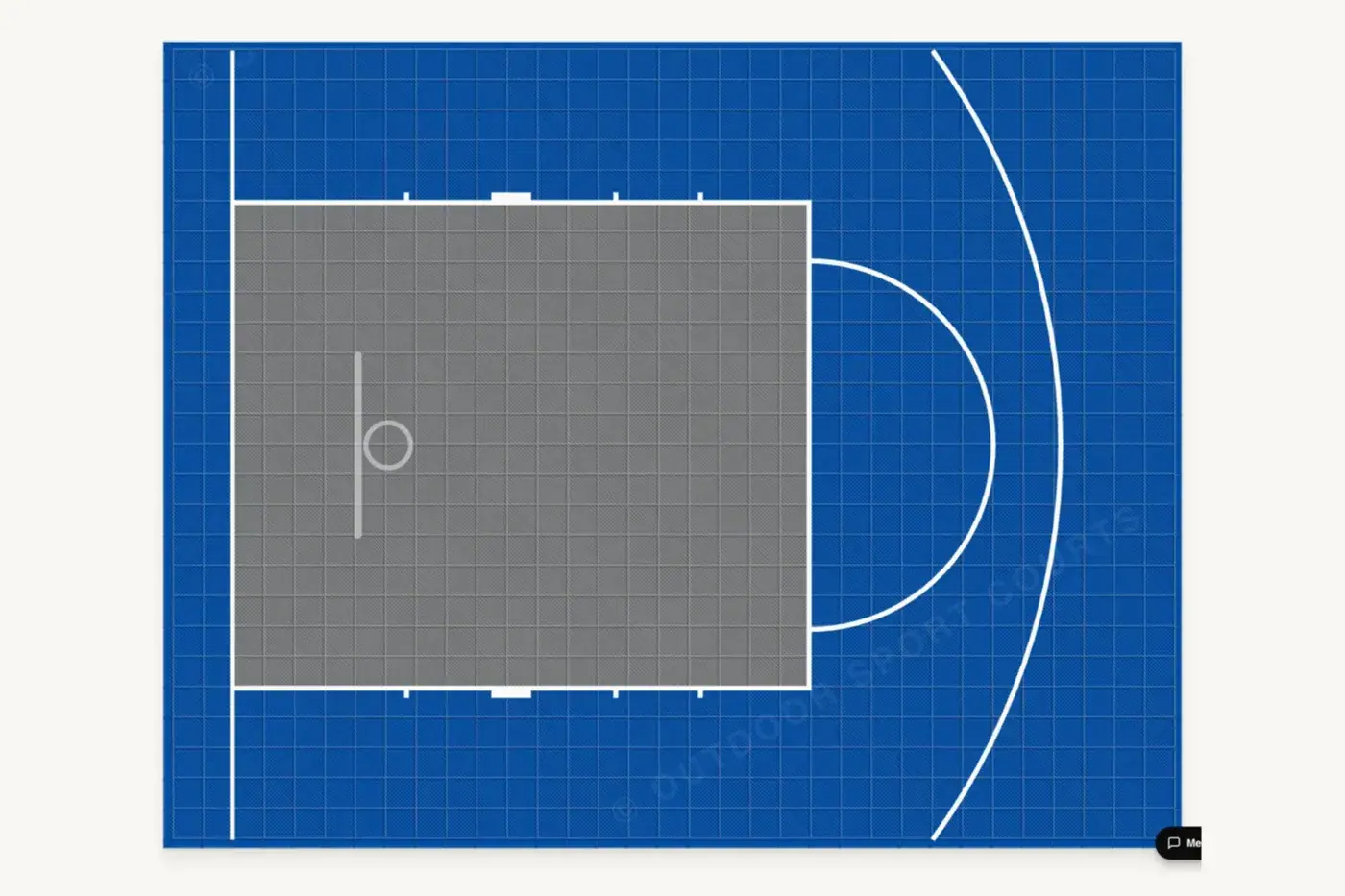 Dimensioned plan of the 3-Point Half Court showing play surface vs total size